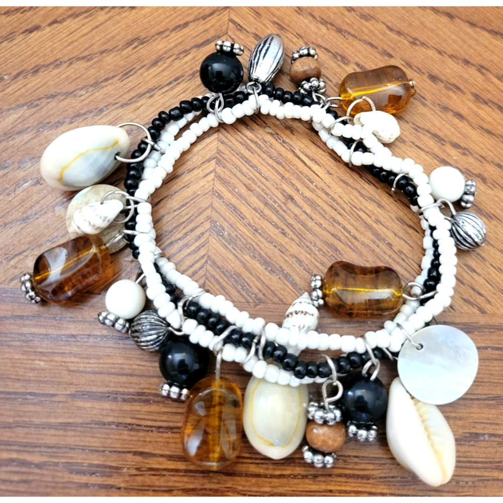 Vtg Estate Bracelet Cowrie Shell Beaded Charm Dangle 2-Strand Fashion‎ Jewelry
